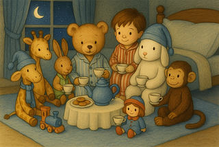 A child and toys having a bedtime tea party