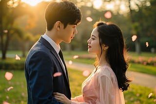 A Kdrama couple being showered by cherry blossom petals