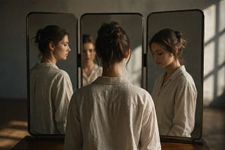 A woman stands facing three mirrors, each reflection showing a slightly different angle and expression in soft natural light.