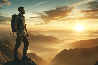 An inspiring image of a man standing on a mountain peak at sunrise. Dressed in rugged hiking attire, he gazes towards the horizon, embodying determination and inner peace. The early morning sky is bathed in soft, golden light, symbolizing new beginnings and the rewards of discipline. This scene conveys stoic philosophy and masculine strength, suitable for a motivational blog cover.