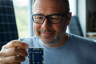 Man looking at a circuit board fried by an EMP blast