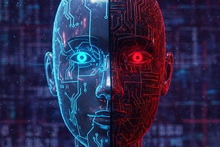 Split android head showing benign blue circuits on one side and potentially manipulative red circuits on the other.