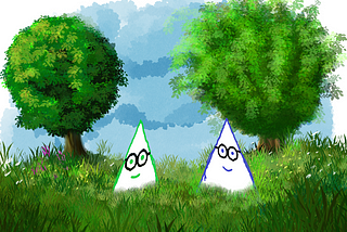 Two triangle characters with glasses under two trees in a pasture. Green outline on left, blue outline on right.