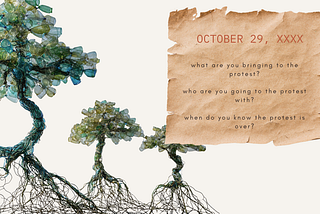 A digital illustration of three mangrove-like trees made from translucent plastic bottle shapes, with exposed root systems spreading below. Beside them, a torn-paper graphic displays text prompting a future protest with questions about what to bring, who to go with, and when it ends.