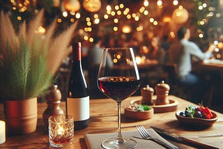 a glass of red wine on a restaurant table,