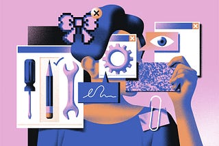 This digital illustration features a collage-style composition combining various tools, icons, and abstract elements. It includes a screwdriver, pencil, and wrench, alongside a gear icon, a pixelated bow, an eye, and overlapping window frames, all in a vibrant pink and blue palette. The central figure appears obscured by these overlapping objects, creating a surreal, tech-inspired aesthetic.