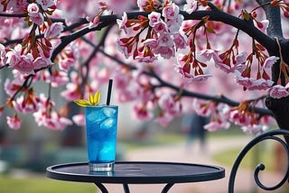 Image shows an overhanging branch with beautiful budding blossoms, and the top of a bistro table with bright blue cocktail in a glass on it.