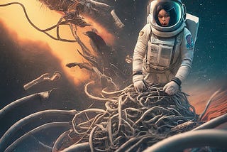 An astronaut untangling cables in space