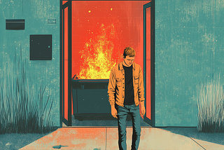 A person walking away from the front doors of an office building, inside there is a dumpster on fire.