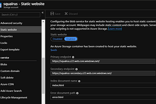 Azure portal showing the “enable static website” hosting user interface.