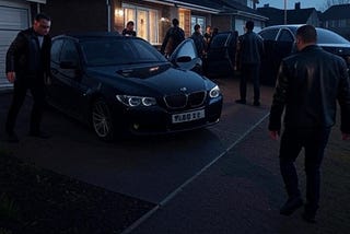 A squad of men in black leather jackets swarm a quiet suburban driveway in the pre-dawn light, moments before pounding on John Morton’s door.