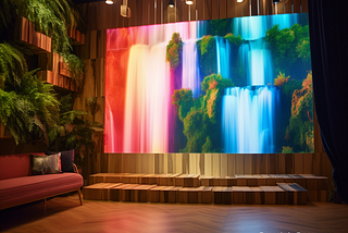 A large screen with colourful waterfalls surrounded by natural tones, greenery and furniture