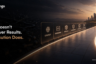AI transformation banner showing the message “AI Doesn’t Deliver Results. Execution Does.” with a futuristic cityscape and a roadmap highlighting strategy, engineering, data & AI, governance, integration, and execution.
