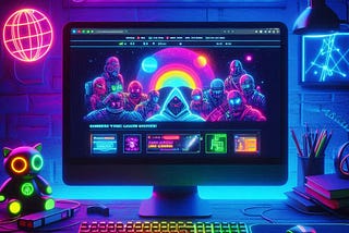 Picture of a computer desk with a keyboard, mouse, school supplies, and a computer monitor displaying a coding game. Plus a neon sign behind the monitor that spells “Learn to Code”.