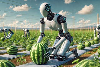 A humanoid robot bending to lift a heavy watermelon in a field. The harvest scene conveys the idea that humanoids can relieve humans of physically demanding work.