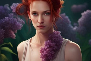 A beautiful red-haired woman, standing beneath the lilac bushes.