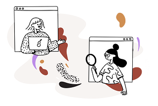 Simple illustration of two women working together remotely. One with a laptop, the other with a magnifying glass.