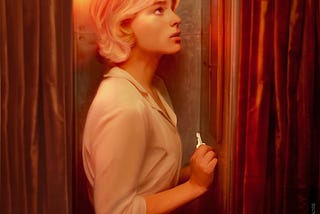 A digital painting of Eddie, a young blonde wearing a shirt and trousers, with an anxious expression. She’s holding a gold key as she stands in a small booth lit by a red bulb.
