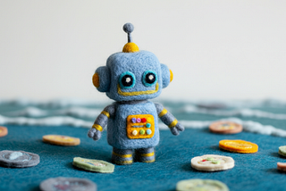 A felt toy robot counting tokens