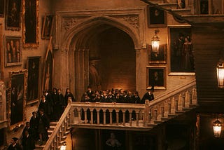 The setting of Hogwarts School of Witchcraft and Wizardry with its moving staircases.
