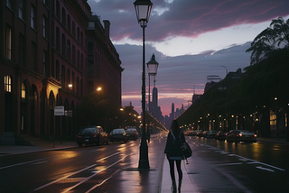 A city with Red ground and purple skies, the skies have dark purple clouds inside it, there is a big white shining Palace far in distance. The rest of the image seems like a hellish new york city. Victorian lampposts line the streets.