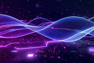 AI generated abstract digital scene: translucent horizontal light-helixes above a purple-gray circuit-like surface with glowing chips and code glyphs.