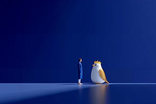 A person in a blue coat standing face-to-face with a large white bird wearing a golden crown, both figures on a reflective surface against a deep blue background, rendered in a minimalist 3D style