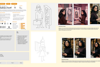 A screenshot of figjam workshop board— Showing a User Persona along with a ux scenario followed by a couple of sketchs of smart mirror. Image were rendered by Visual Electric genAi and show a woman in her 50’s curly black hair standing infront of a smart mirror.