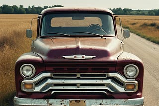 Front-facing image of a 1960s, maroon pickup sitting on a dirt road surrounded by golden fields.