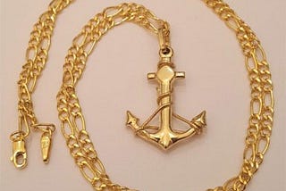 14K Real Yellow Gold Small Anchor Rope 3D Charm Pendant 18 Inch Figaro Chain