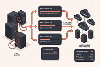 Legacy system modernization architecture showing transformation from old enterprise servers to modern cloud infrastructure with workflow migration stages and monitoring dashboards.
