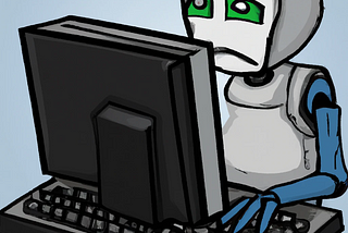 An image of a sad robot working on a computer