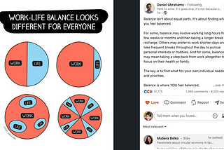 A LinkedIn post that shows visually how work-life balance can differ for different people.