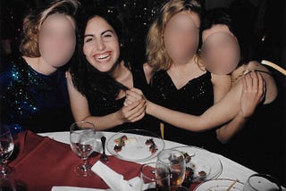 Me at my freshman year sorority formal in 1994, laughing with three friends.