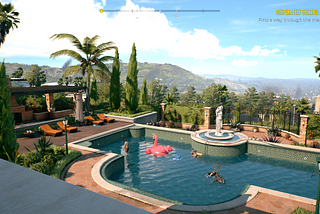 A view of Dead Island 2’s open world, captured on a ridge behind a house overlooking a nearby swimming pool. Some zombies are milling about in the pool alongisde an inflatable pink flamingo inner tube.