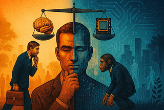 Conceptual horizontal illustration showing a vertically split human figure: the left side represents the human with organic features and a warm-toned natural background; the right side represents AI with geometric traits and a digital background filled with circuits. Above the head floats a digital scale, with a human brain on one side and an AI chip on the other, slightly tilted toward the AI. The backdrop shows a real city on the left and a digital city on the right.