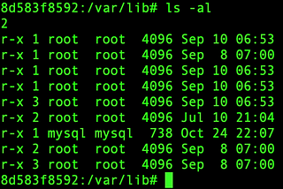 ls -al showing ownership of directories in /var/lib inside the MySQL container.