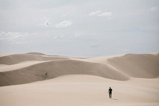 A lone man, walking away from viewer, in a long expanse of desert. A small shadow behind him.