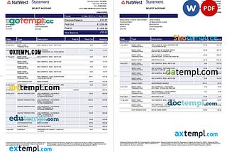 sample United Kingdom Natwest bank statement template in Word and PDF format (2 pages) download
