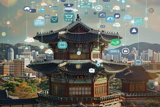 Seoul’s skyline demonstrates traditional Korean architecture, merging with modern digital icons, app symbols, shopping carts, and chat bubbles, to symbolize the dynamic blend of Korea’s rich heritage with its advanced Korean e-commerce landscape, showing how Korean customer service plays an integral part in customer experience Korea.