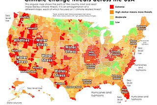 A map of the United states combining geographic distribution of six kinds of climate threats in 2009: extreme heat, wildfires, water stress, extreme rainfall, sea level rise, and hurricanes and typhoons.