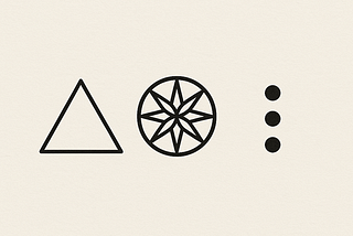 A minimalist vector graphic on a soft off-white background shows three black symbols in a horizontal line: a solid upright triangle on the left, an eight-pointed star enclosed in a circle at center, and three evenly spaced black dots stacked vertically on the right.