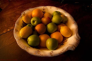 Still life of a bowl of fruit by the author.