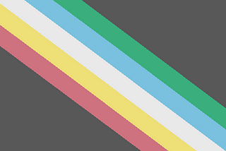 Disability Pride Flag with a black background with 6 strips running diagonally. The stripes are red, yello, white, blue and green.