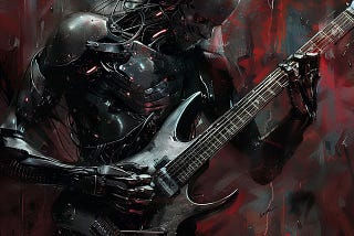 robot skeleton playing electric guitar