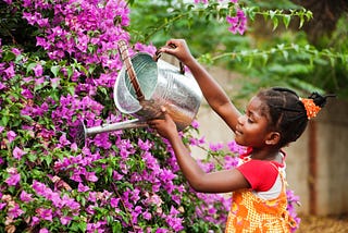 A girl waters plants.