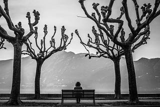 A person sitting alone on a bench. The bench has trees on either side and it is facing the mountains.