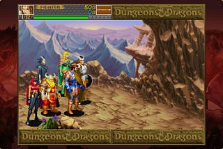 The full party of six main adventurers in Dungeons and Dragons: Shadow Over Mystara stands on a clif over some mountains, ready to begin their adventure.
