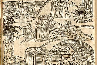 A woodcut image of a 1590s pamphlet. On the left a black devil figure preaches from a pulpit, in the foreground a man lies on the floor in a house. Above this house is a group of women listening to the devil preach, and above them, a group of 4 women stir a cauldron. In the background, a large wooden ship sinks into the waves.