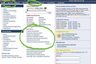 Texas Legislature Online homepage with key features highlighted